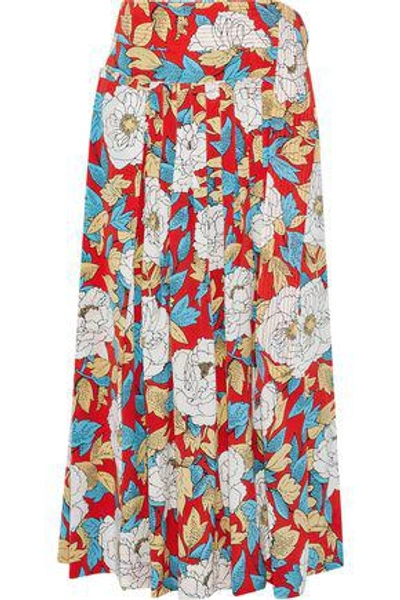 Shop Diane Von Furstenberg Woman Pleated Printed Silk Crepe De Chine Midi Skirt Red