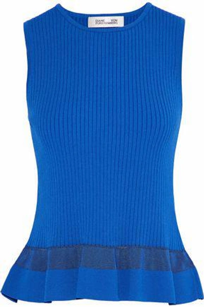 Shop Diane Von Furstenberg Woman Ribbed-knit Peplum Top Blue