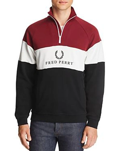 Shop Fred Perry Embroidered-logo Color-block Quarter-zip Sweatshirt In Tawny Port