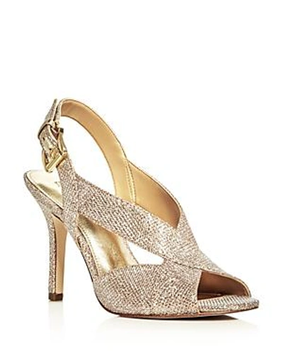 Shop Michael Michael Kors Becky Glitter Crisscross Slingback Sandals In White/silver/sand