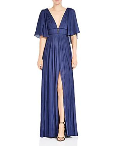 Shop Halston Heritage Pleated Slit V-neck Gown In Navy