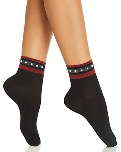 Shop Hue Metallic Stripes & Pearls Shortie Socks In Black