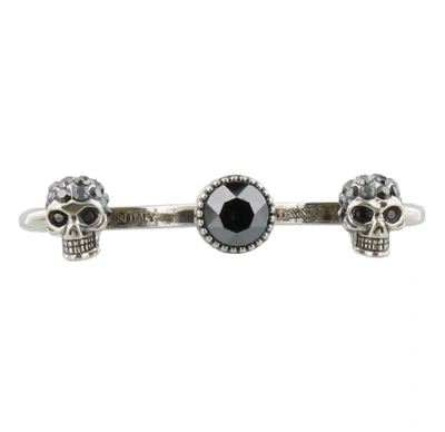 Shop Alexander Mcqueen Crystal Embellished Twin Skull Ring In Silver