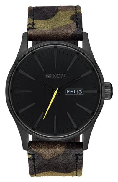 Shop Nixon The Sentry Leather Strap Watch, 42mm In Camo/ Black