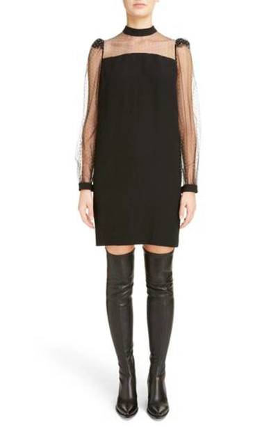 Shop Givenchy Studded Tulle Sleeve Satin-backed Crepe Dress In Black