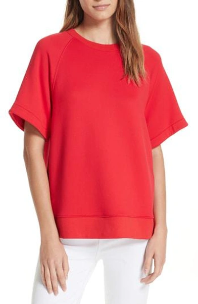 Shop Tibi Short Sleeve Cotton Sweatshirt In Cherry Red