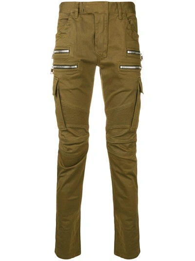 Shop Balmain Zip Pockets Biker Jeans In Green