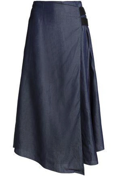 Shop Amanda Wakeley Woman Wrap-effect Pleated Denim Midi Skirt Dark Denim