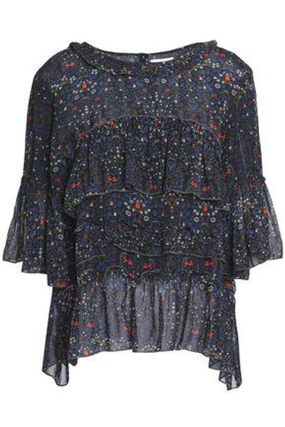 Shop Velvet By Graham & Spencer Woman Tiered Crepe De Chine And Chiffon Blouse Navy