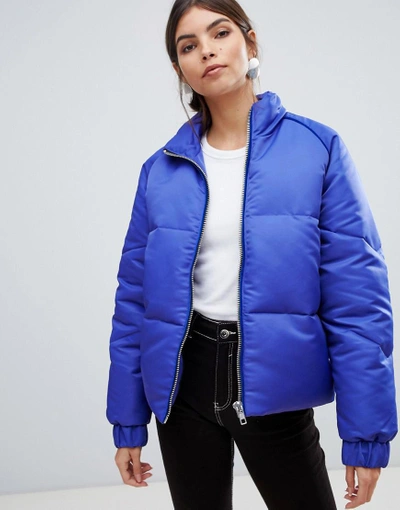 Shop Y.a.s. Zip Through Padded Jacket With Velvet Trim - Blue