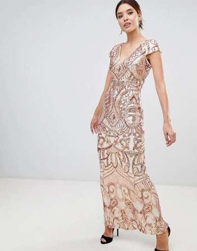 Shop Bariano Embellished Maxi Dress With Cap Sleeve In Rose Gold