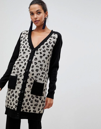 Shop Liquorish Leopard Longline Cardigan With Pockets - Black