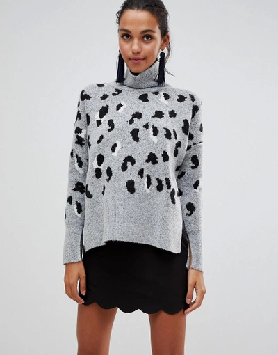 Shop Liquorish High Neck Leopard Sweater With Zip In The Back - Gray