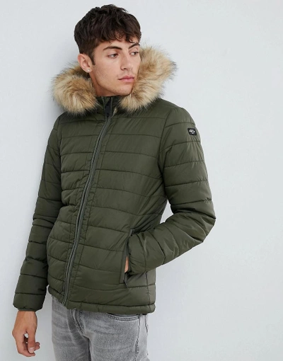 Shop Schott Rocky 2 Hooded Puffer Bomber With Detachable Faux Fur Trim In Green