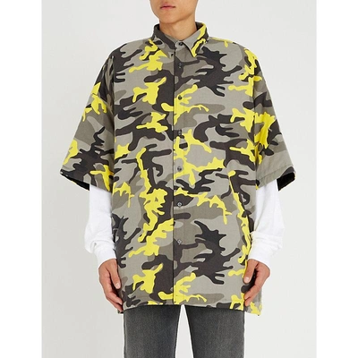Shop Balenciaga Camouflage-print Oversized Cotton-twill Shirt In Grey Yellow
