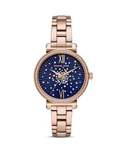Shop Michael Kors Mini Sofie Blue Crystal-embellished Dial Watch, 36mm In Blue/rose Gold