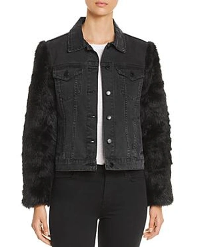 Shop Velvet Heart Mona Faux-fur-sleeve Denim Jacket In Black Faux Fur/stone