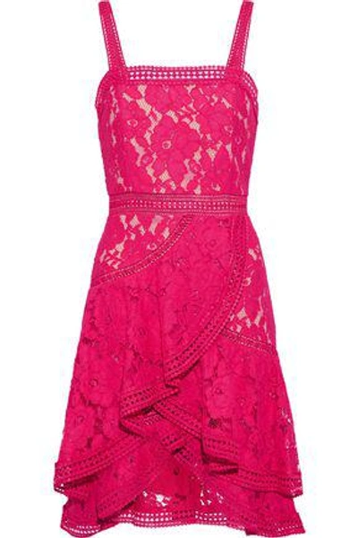 Shop Alice And Olivia Angelita Ruffled Cotton-blend Guipure Lace Dress In Fuchsia