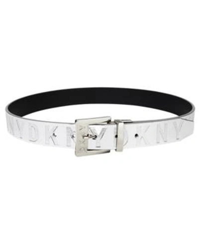 Shop Dkny Patent Logo Reversible Belt, Created For Macy's In Silver/black