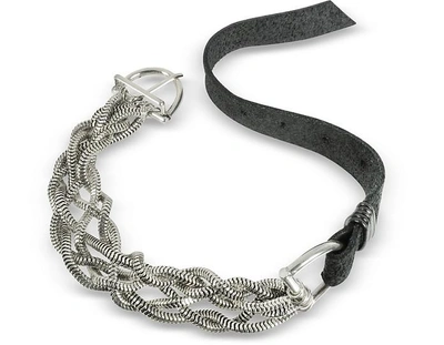 Shop Giacomo Burroni Designer Men's Bracelets Leather Bracelet W/silver Braid In Noir