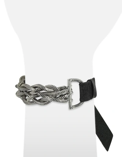 Shop Giacomo Burroni Designer Men's Bracelets Leather Bracelet W/silver Braid In Noir