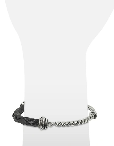 Shop Giacomo Burroni Designer Men's Bracelets Silver Bracelet W/leather Braid In Argent