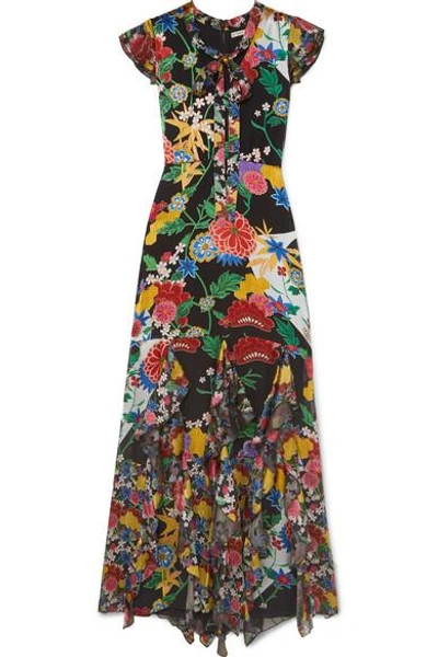 Shop Alice And Olivia Laurette Ruffled Floral-print Satin Maxi Dress In Black