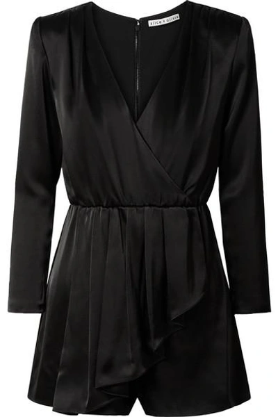Shop Alice And Olivia Demi Wrap-effect Ruffled Satin Playsuit In Black