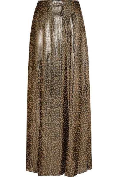 Shop Alice And Olivia Athena Leopard-print Silk-blend Lamé Maxi Skirt In Gold