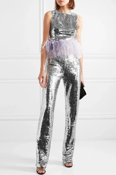 Shop 16arlington Feather-trimmed Sequined Tulle Top In Silver