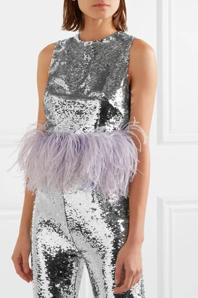 Shop 16arlington Feather-trimmed Sequined Tulle Top In Silver