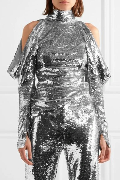 Shop 16arlington Cold-shoulder Sequined Tulle Turtleneck Top In Silver