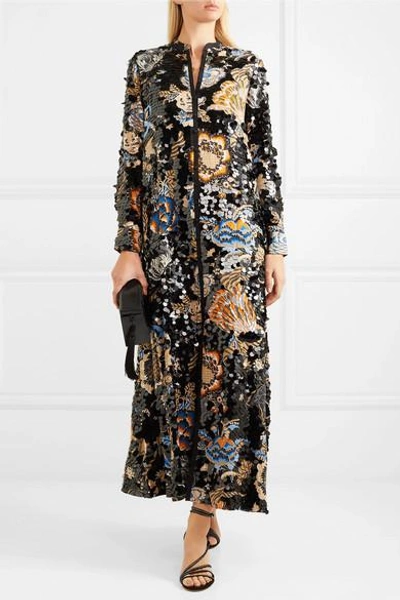 Tory Burch Agnes Embellished Floral-print Crepe Maxi Dress In Black |  ModeSens