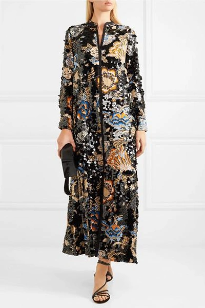 Shop Tory Burch Agnes Embellished Floral-print Crepe Maxi Dress In Navy