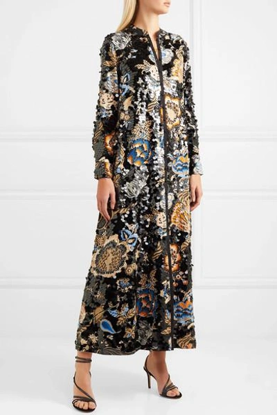 Shop Tory Burch Agnes Embellished Floral-print Crepe Maxi Dress In Navy