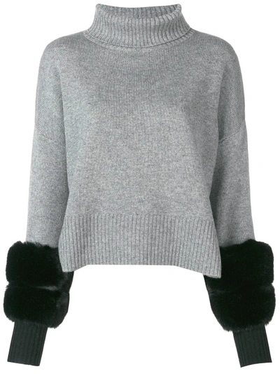 Shop Izaak Azanei Cropped Fur Cuff Sweater - Grey