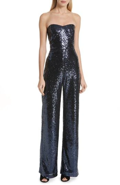 Shop Saloni Faux Feather Trim Satin Backed Crepe Strapless Jumpsuit In Navy