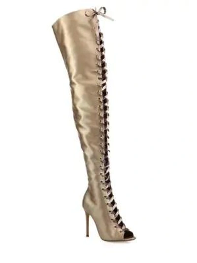 Shop Gianvito Rossi Marie Satin Lace-up Peep-toe Over-the-knee Boots In Bisque
