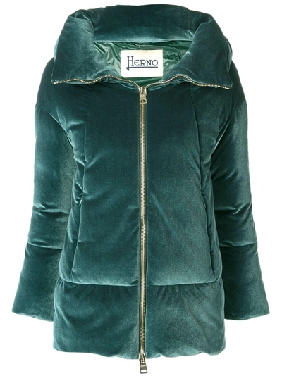 Shop Herno Velvet Puffer Jacket In Green