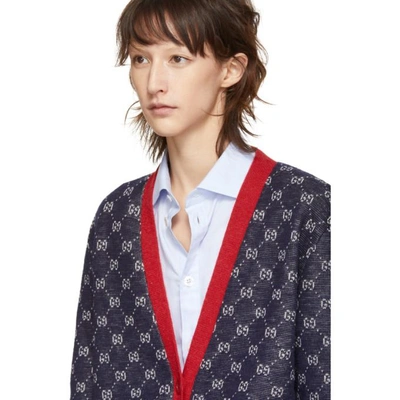 Shop Gucci Navy And Red Gg Cardigan In 4205 Blue