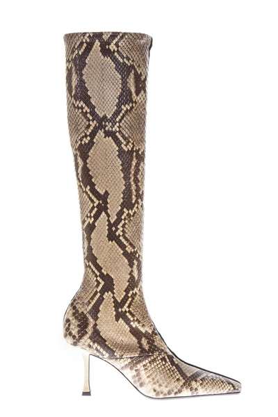 Shop Celine Python Leather & Suede Boots In Beige/black