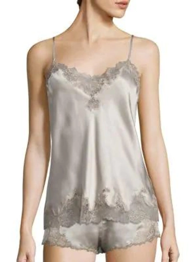 Shop Natori Lolita Silk Camisole In Silver With Rose Beige Lace