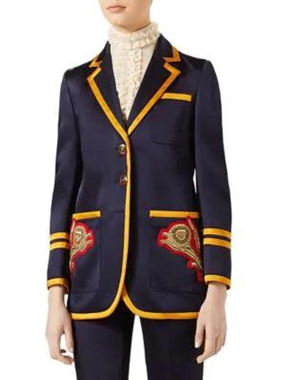Shop Gucci Embroidered Notched Jacket In Navy Blue Multi