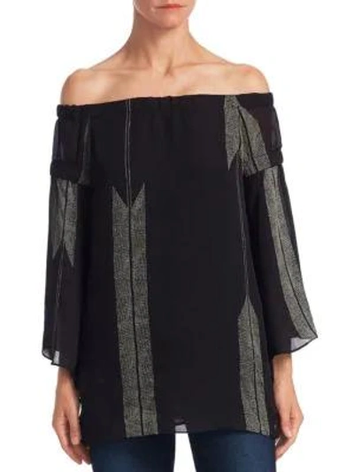 Shop Halston Heritage Flowy Sleeve Silk Off-the-shoulder Top In Black Dark Stone