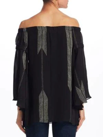 Shop Halston Heritage Flowy Sleeve Silk Off-the-shoulder Top In Black Dark Stone