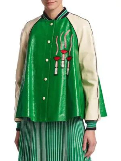 Shop Valentino Lipstick Logo Trapeze Leather Jacket In Green Multi