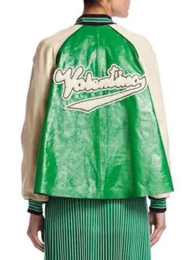 Shop Valentino Lipstick Logo Trapeze Leather Jacket In Green Multi