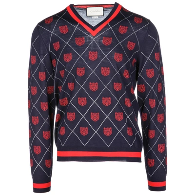 Shop Gucci Men's V Neck Jumper Sweater Pullover In Blue