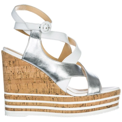 Shop Hogan Women's Leather Shoes Wedges Sandals H361 In Silver