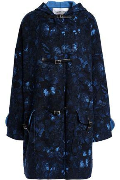 Shop Valentino Printed Wool-blend Hooded Coat In Midnight Blue